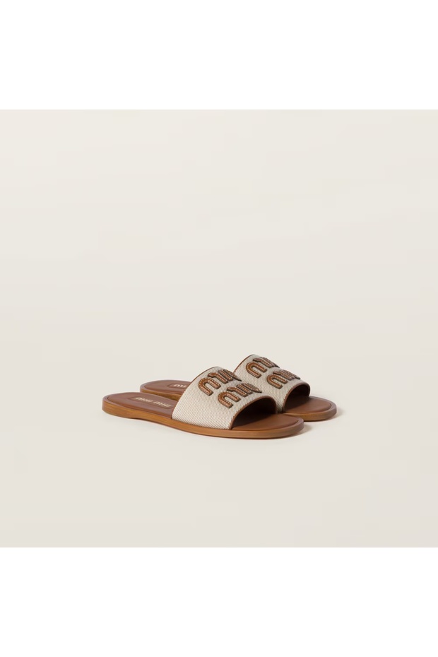 Raffia-effect woven fabric slides