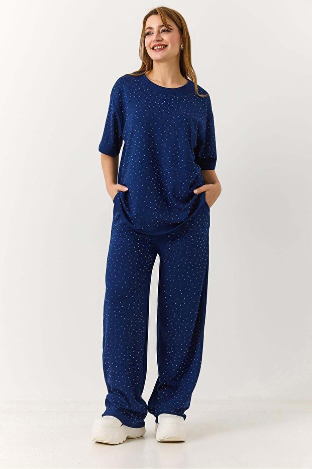 Women's Stone Detailed Oversize Tracksuit Set Navy Blue