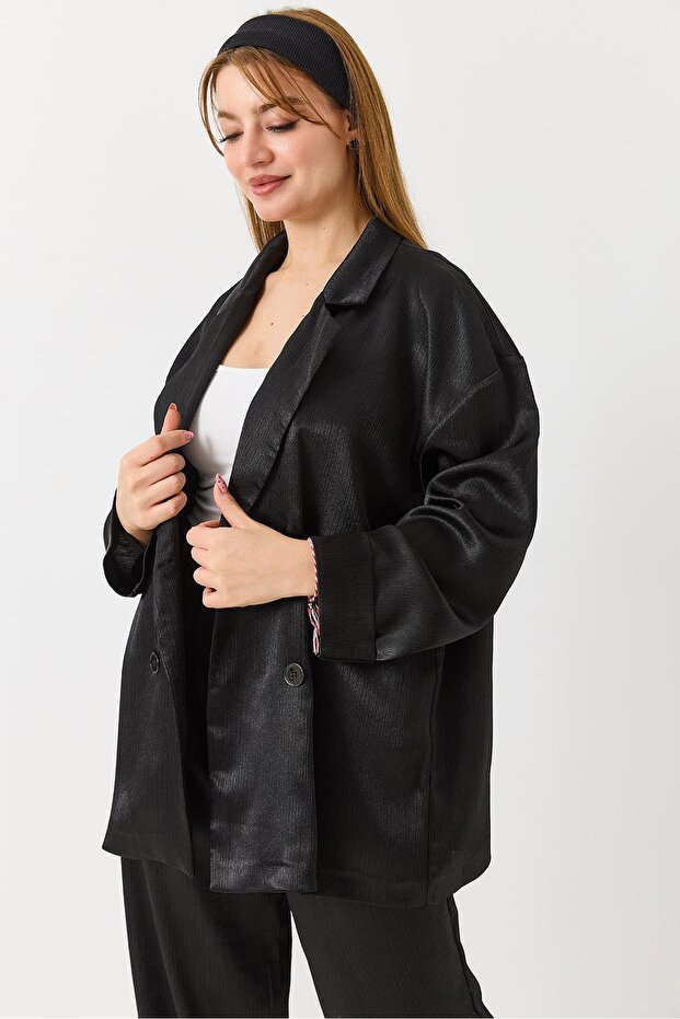 Women's Double-Breasted Collar Satin Oversize Blazer Jacket Black
