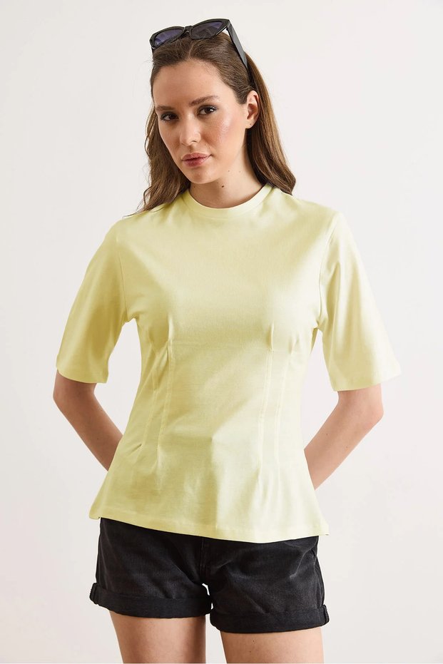 Women's Yellow Crew Neck Cotton Peplum T-Shirt Tsh-19000943