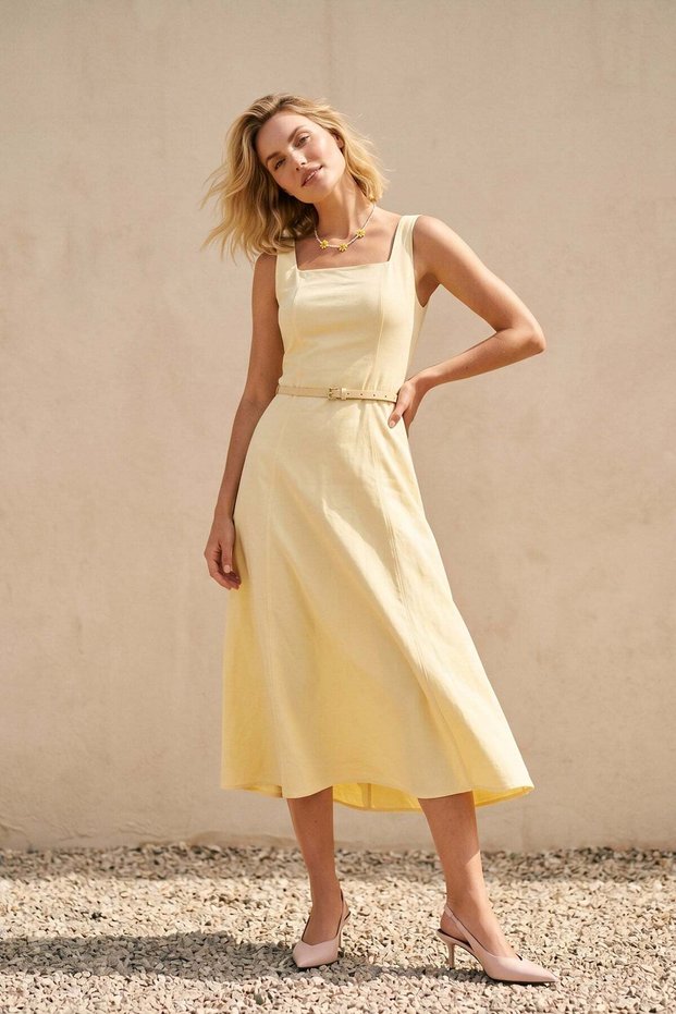 Yellow Belt Detailed Square Neck Midi Women's Dress