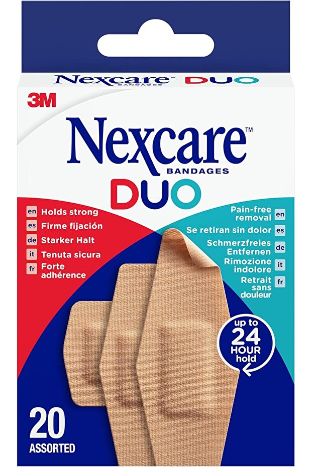 DUO Plasters, Assorted Sizes, 20 Plasters per Pack, Holds Strong for up to 24 Hours, Pain-free Removal