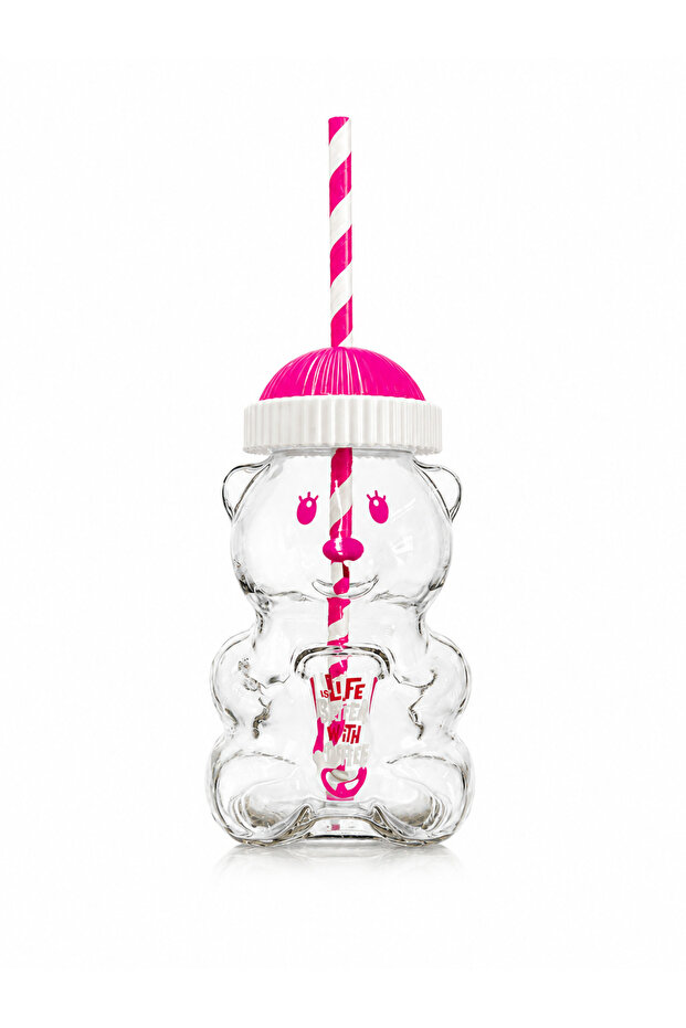 Teddy Bear Glass Cup for Cold Drinks, Frozen, Detox Cup 500 ml Pink with Detailing and Straw