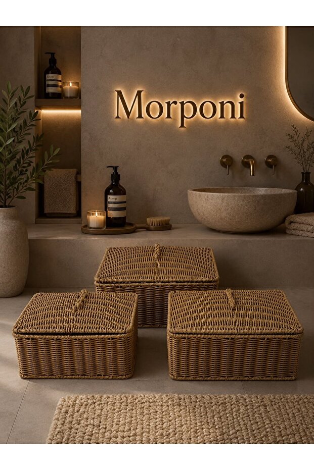 Luxury Rattan 3-Piece Organizer Basket with Lid - Bathroom and Home Organizer Set Mrl-105A