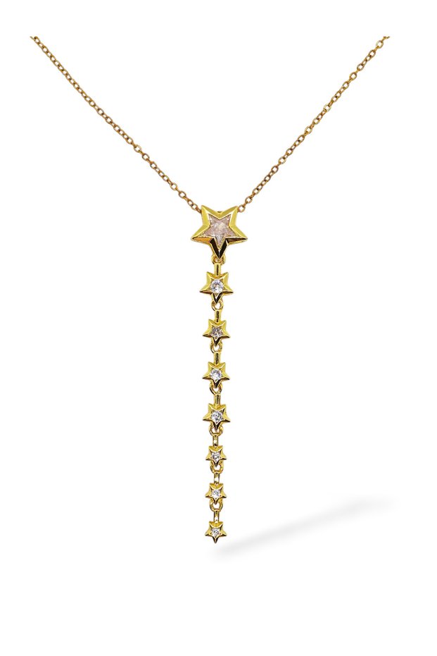 Women's Gold Color Star Y Necklace with Zircon Stone Detail, Stylish Minimal Steel Chain Necklace