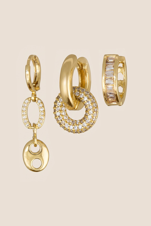 Gold Color Zircon Stone Oval Plate Dangle 3-Piece Hoop Earring Set