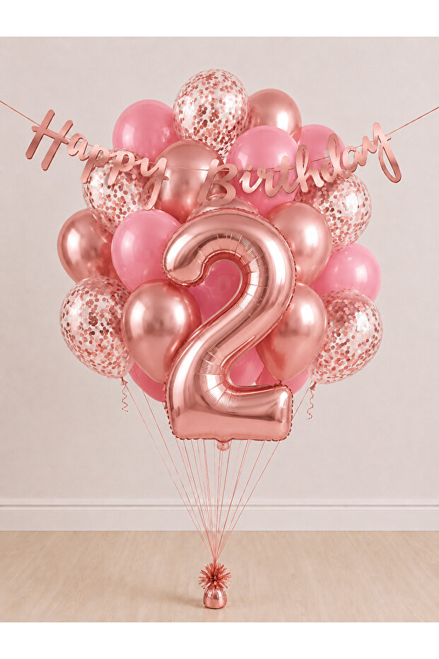 -2- Age Rose Gold Happy Birthday Banner Themed Balloon Bundle 15 Pieces