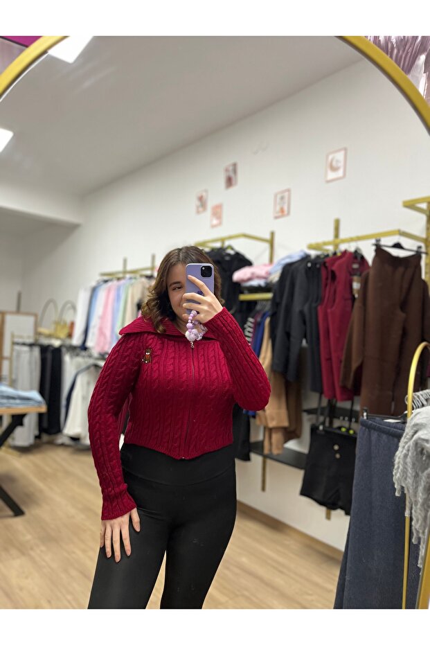 Crop hırka kadın örme fermuarlı hırka