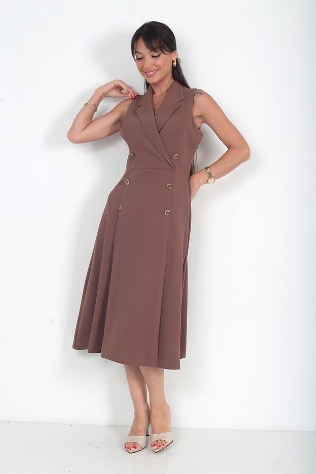 Women's Double Breasted Collar Lined Double Slit Button Detailed Midi Crepe Dress