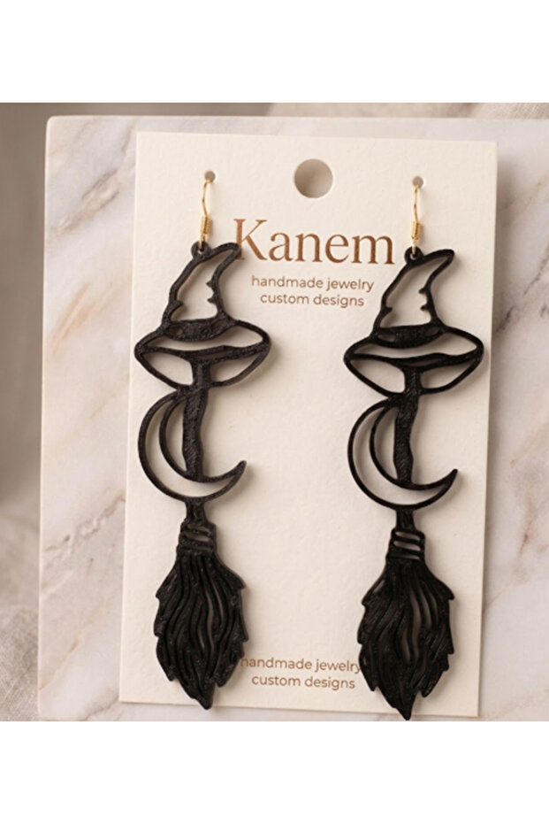 Witch Hat Broomstick Earrings - Women's Themed Minimalist Earrings