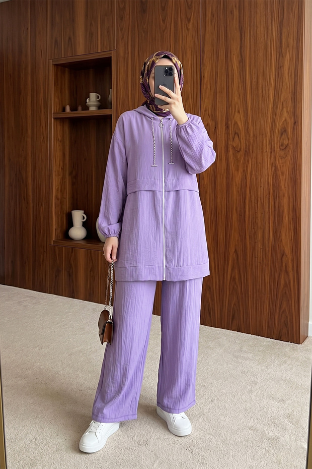 Hooded Zippered Pants and Strawberry Top Set -Lilac