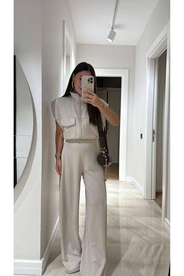 Women's Zippered Tracksuit Set with Pockets - Top and Bottom Two-Piece Set