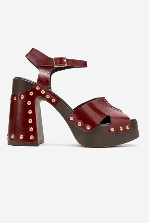 Women's Thick Platform Heeled Clogs Sandals Real Leather Zy 4132 Bordo