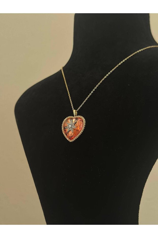 Star Detailed Heart Shaped Stone Gold Necklace