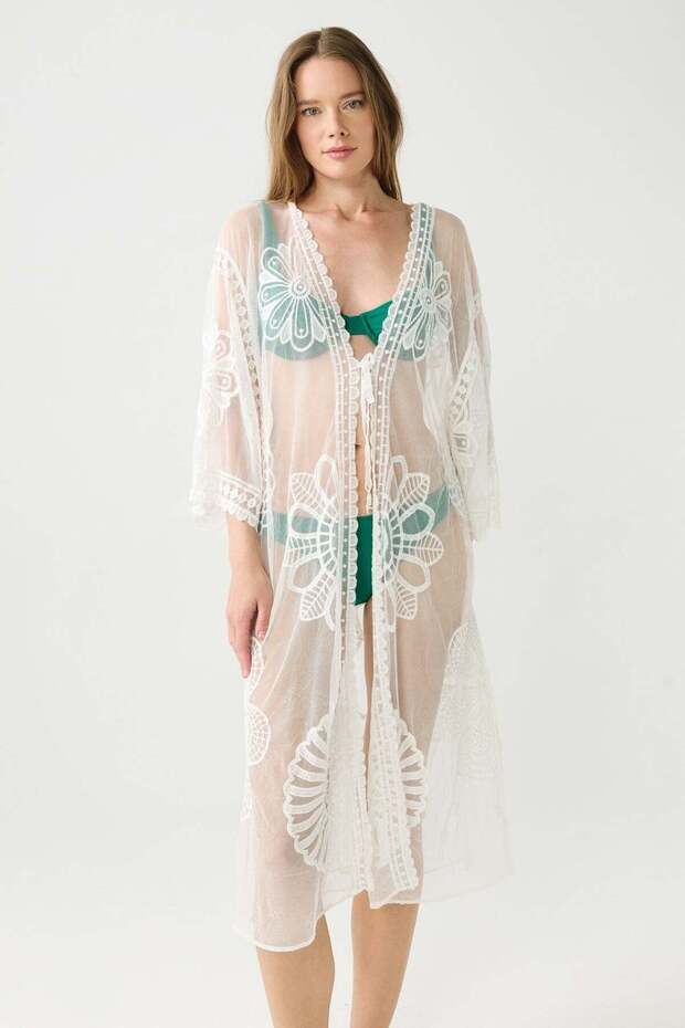 Floral Embroidered Tie-Front Long Beach Dress White