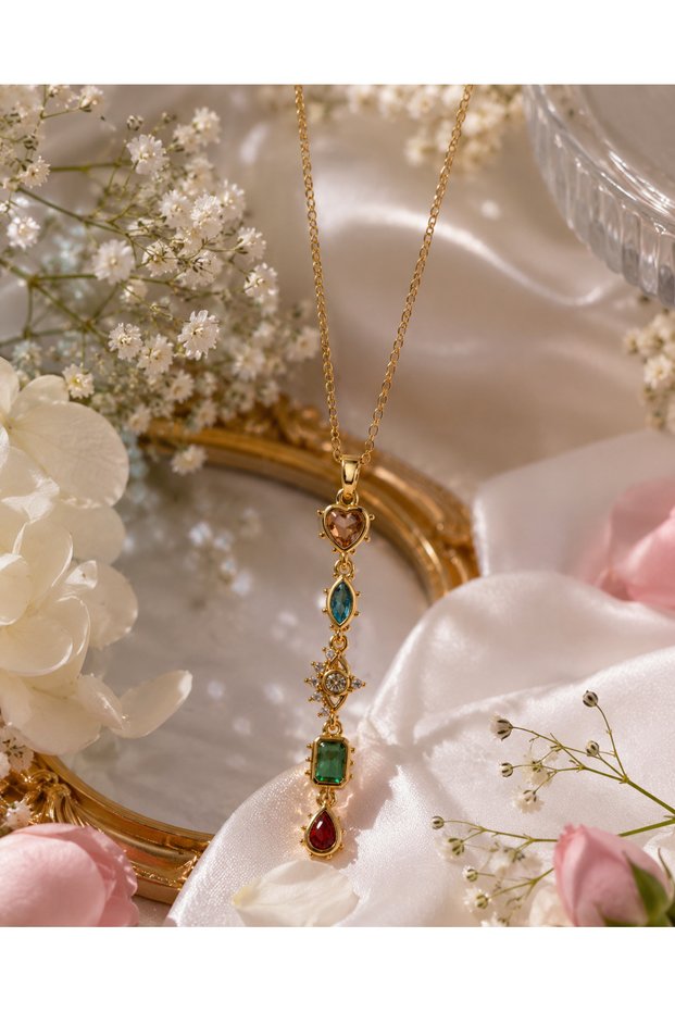 Geometric Symbol Colorful Stone Y Necklace (Gold Color)