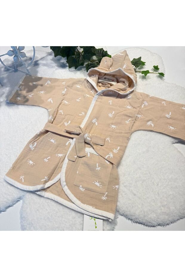 Unisex Children's Muslin Bathrobe - 100% Natural Cotton - Beige
