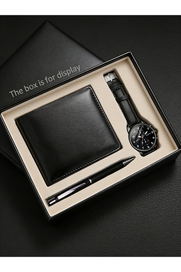 black Men's PU Leather Quartz Watch Set with Wallet And Signing Pen Office Kit Digital round Shell D