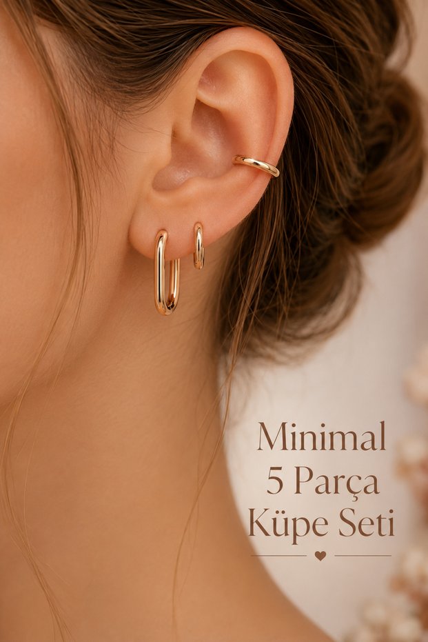 Rose Gold Oval Hoop Earring Set 5-Piece Minimal Earring and Earcuff Combination