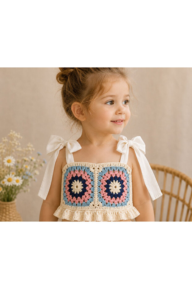 Girl's Hand-Knitted Colorful Granny Square Patterned Crop Blouse with Straps