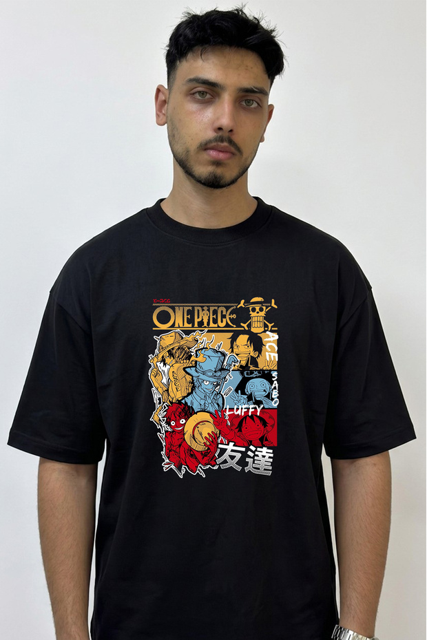 One Piece Design Printed Oversize Black T-Shirt