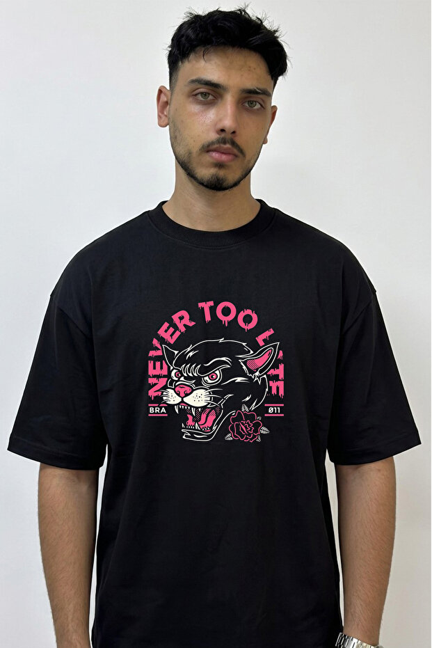 Wolf Tattoo Design Printed Oversize Black T-Shirt