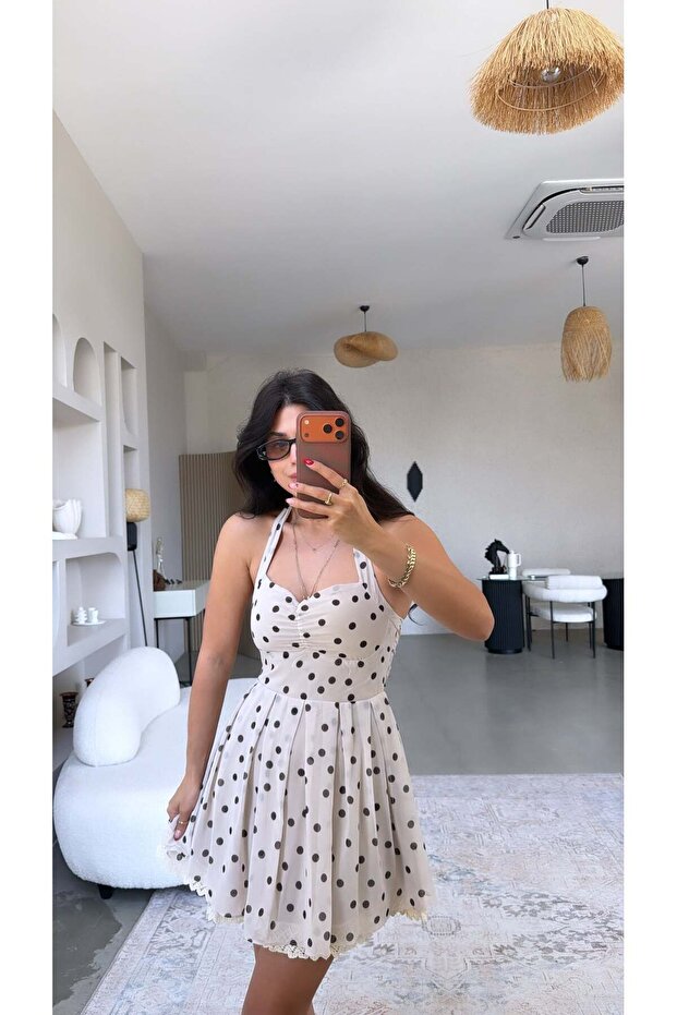 Cream Polka Dot Halter Neck Chiffon Mini Dress