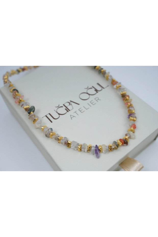 Ykl097 Gold Dori̇ka Detailled Broken Natural Stone Summer Necklace