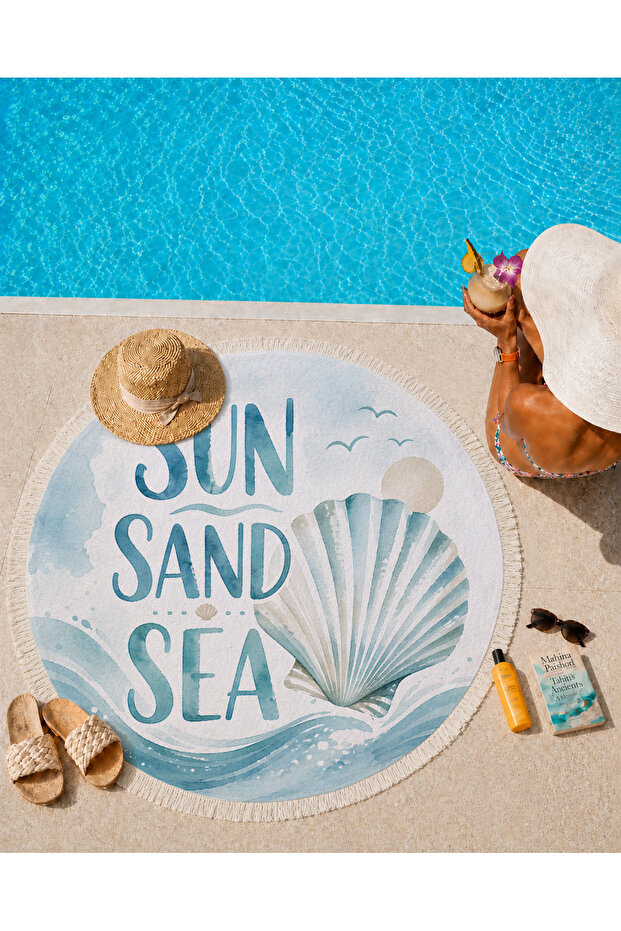 Round Beach Towel 150 cm Sun Sand Sea Written Sea Themed Printed Beach Towel