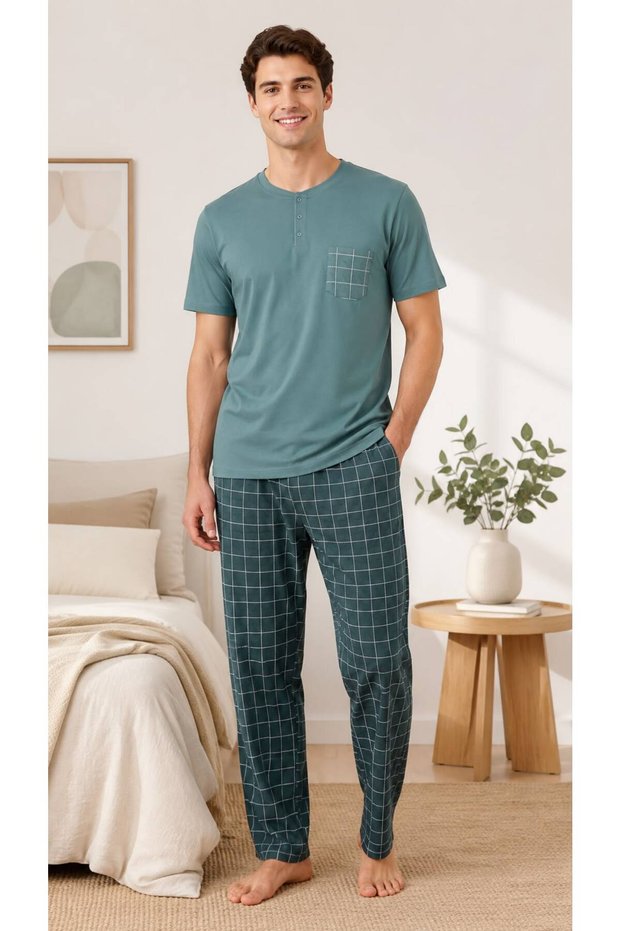 Men's Plaid Patterned Pocketed Short Sleeve Pajama Set