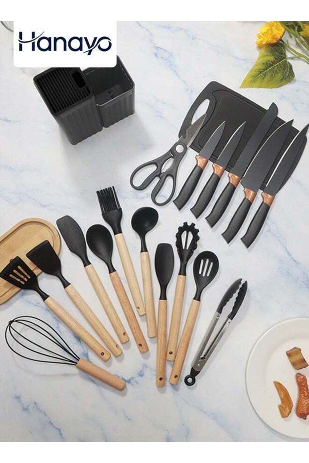 19 Pcs Knife and Kitchenware Set Kitchen Cooking Utensils Set Heat-resistant Silicone Tool Set with Wooden Handle Non-Stick Spoon Spatula Cooking Kitchen Tool Set(Black)