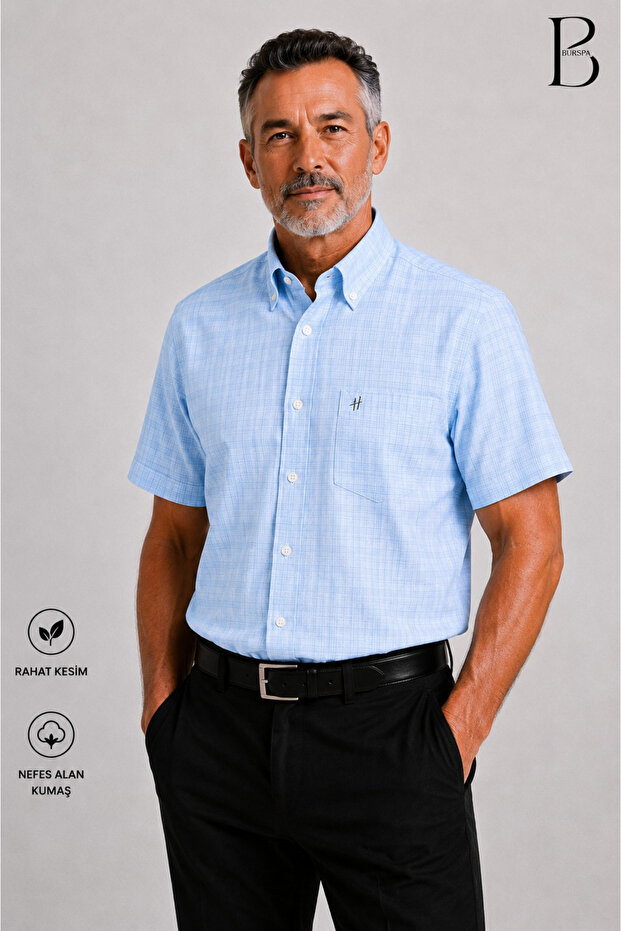 Relaxed Fit Classic Men's Dad Checkered Short Sleeve Cotton Summer Shirt