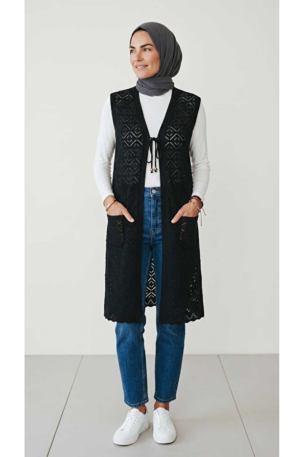 Women's Lace-Up Front Pocketed Patterned Thin Long Vest