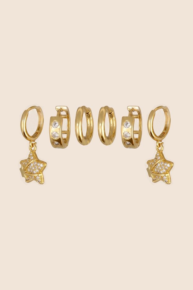 Gold Color Steel Zircon Stone Star Figured 6-Piece Hoop Earring Set