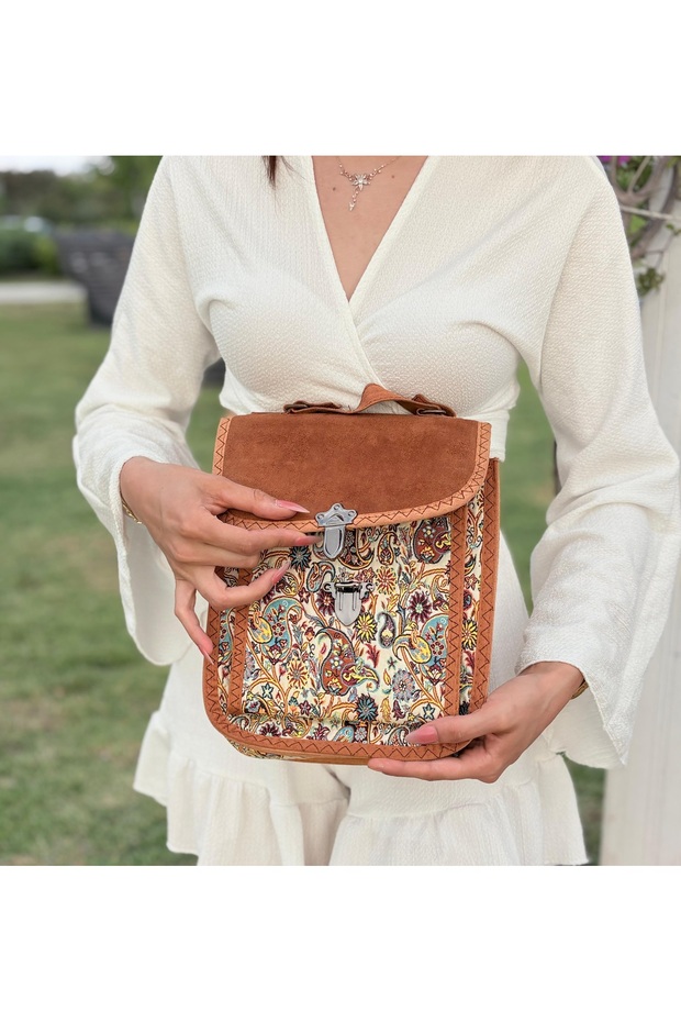 Vintage Ethnic Patterned Women's Shoulder Bag Suede Look Covered Bohemian Bag