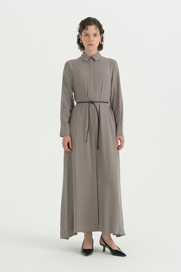 Beli Belted Shirt Collar Modal Dress - Gray