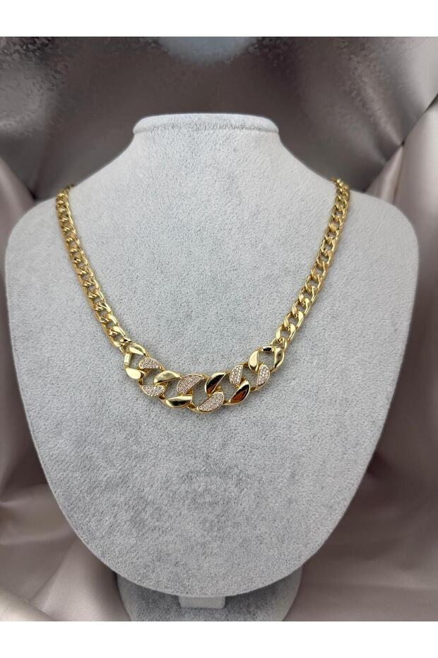 Gold Color Stone Detailed Thick Chain Necklace Women's Gold Cuban Chain Stylish Neck Necklace