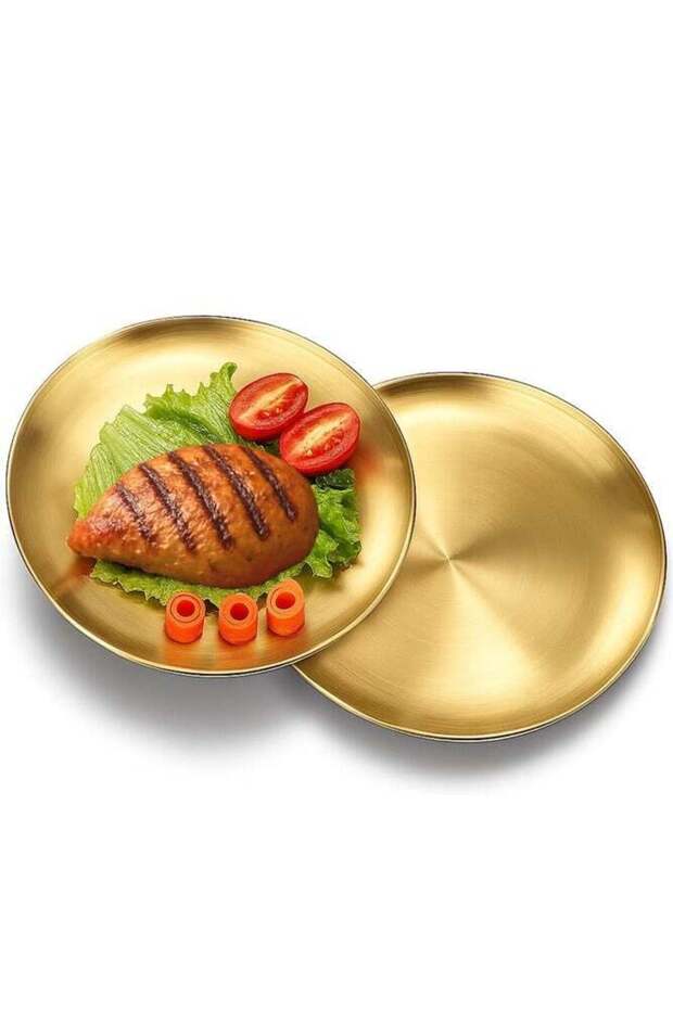 2-Pack Gold Stainless Steel Dinner Plates – Reusable Round Plates for BBQ, Party & Camping