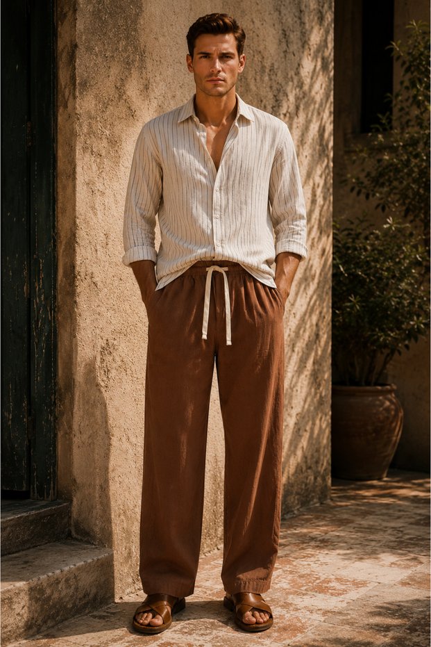 Men's Baggy Fit Elastic Waist 100% Cotton Linen Look Trousers Tile 1007Dngr
