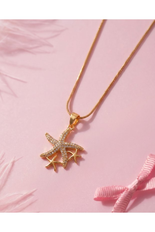 Gold Plated Summer Themed Starfish Women's Necklace – Steel Chain