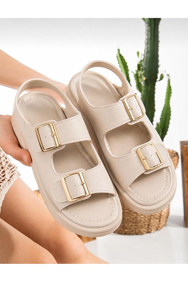 Double-Strapped Elastic Double-Buckle Comfortable Women's Sandals with Padded Heels