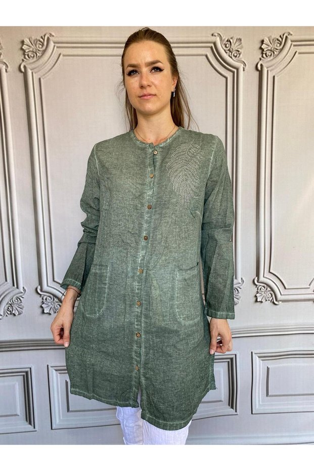 Women's Washed Cotton Fabric Long Sleeve Mother's Stone Tunic 40/48