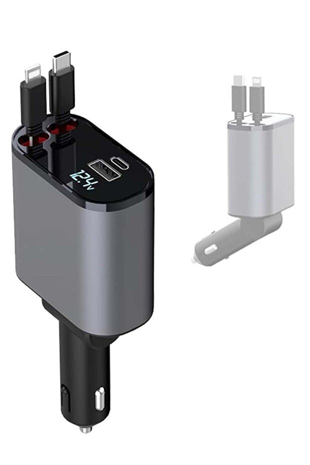 4-in-1 Car Charger with Dual Retractable Cable, Dual Port USB C PD Fast Charging Car Adapter