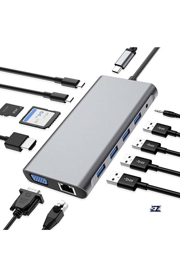 12-in-1 USB C Hub Docking Station with 4K HDMI, VGA, USB 3.0, Ethernet, SD/TF Card Reader