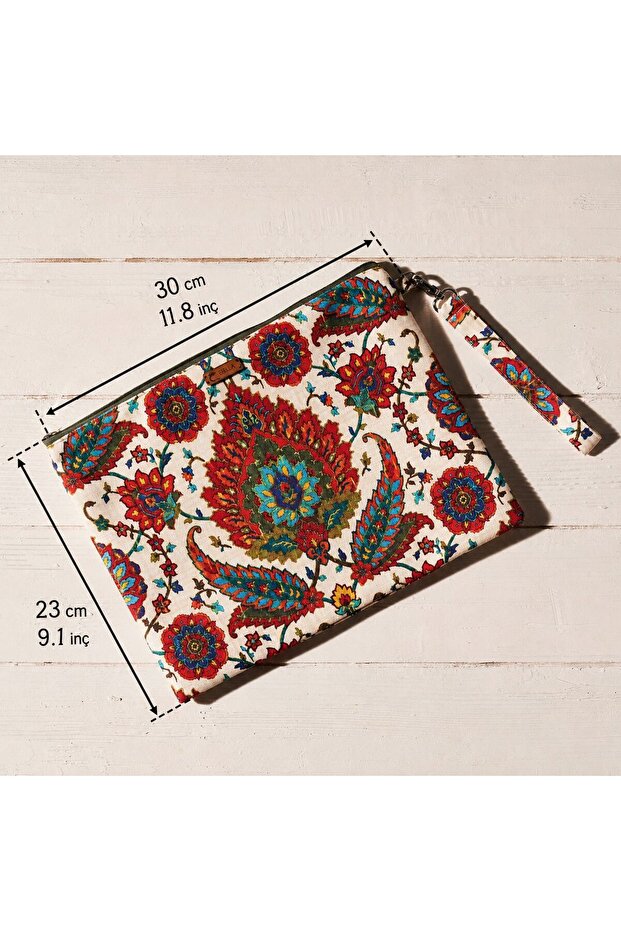 Ethnic Patterned Women's Handbag - Zippered Duck Fabric Cluck Handbag 30X23Cm