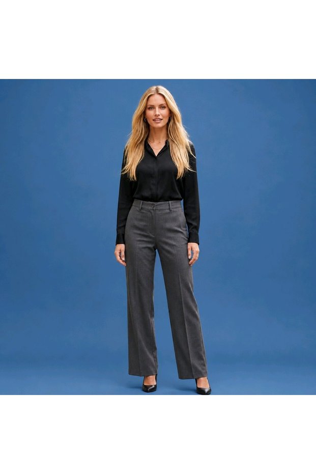 Violeta Women's Gray High Waist Wide Leg Special Production Easy-Iron Fabric Trousers