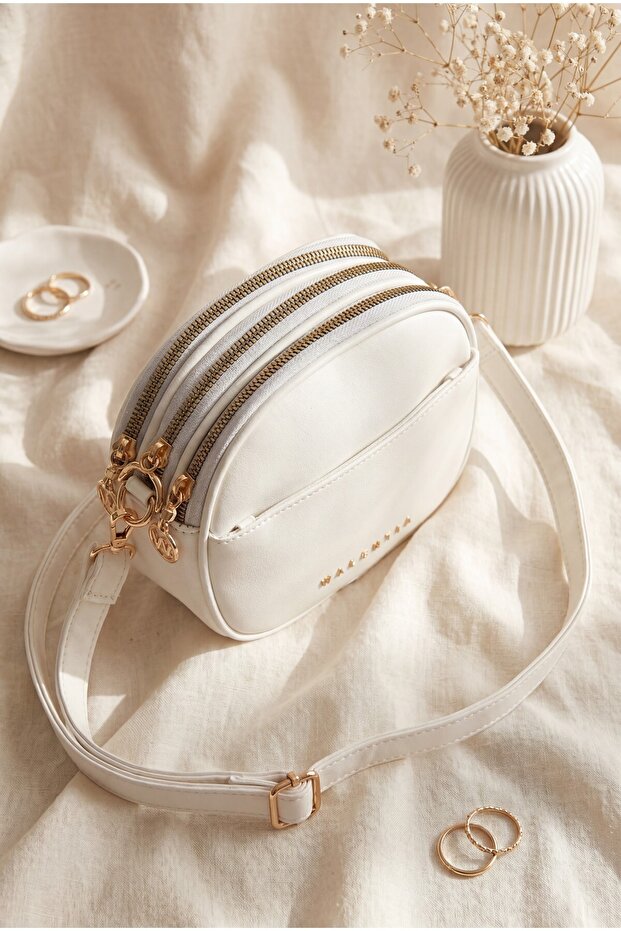 Multi-Compartment Long Strap Bag -White
