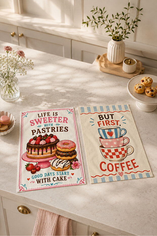 مجموعة مناشف المطبخ الحديثة ذات النمط الرجعي المكونة من قطعتين بتصميم "Sweeter Pastries But First Coffee" مقاس 35x55