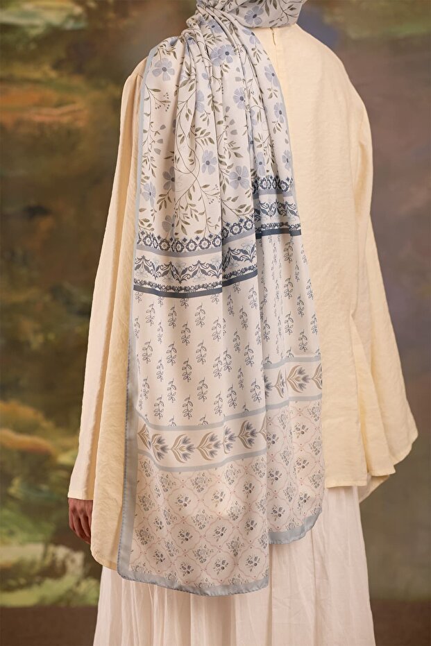 Flora Patterned Soft Shawl Ice Blue - 7