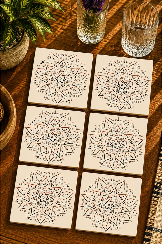 Mandala Style Floral Illustration Modern Set of 6 Coasters - Uv Printing Mdf - 10X10 cm